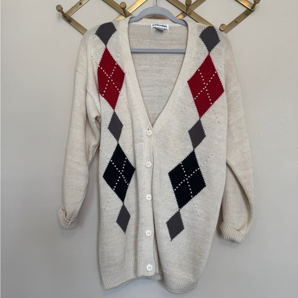 Oversized vintage argyle cardigan with pearl embellishments